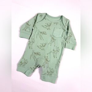 DISNEY AMAZON ESSENTIALS Baby Preemie Green Bambi Printed Long Sleeve Romper